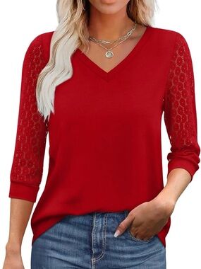 Women’s Lace Sleeve V-Neck Top - Red Size Large